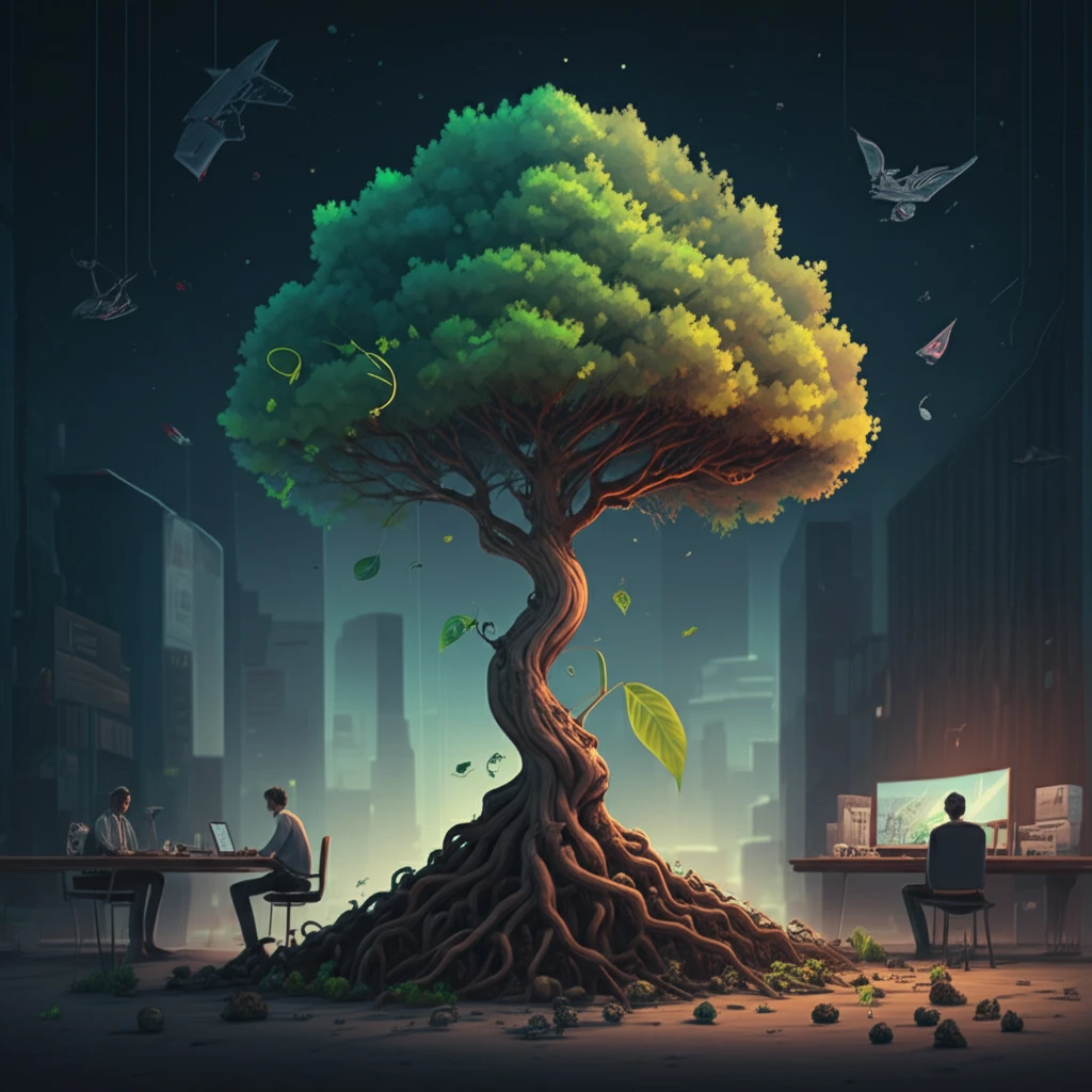 Seedling Growing into a Strong Tree in an Abstract Office Environment