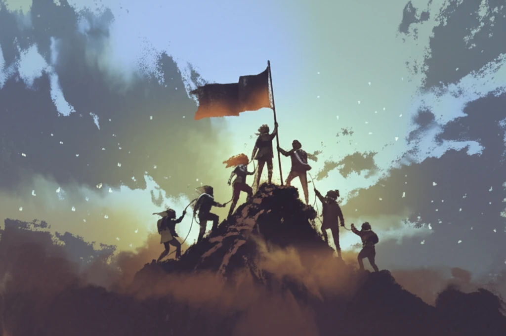 A diverse team of brand champions raising a company flag on a mountain, symbolizing teamwork and brand success.