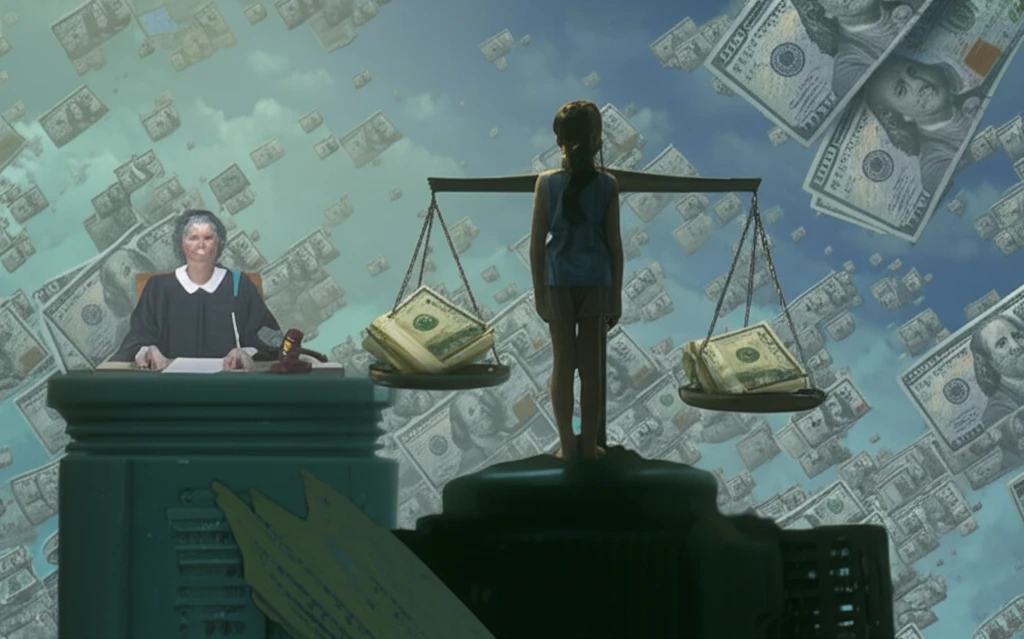A child stands on a scale balancing money and medicine, symbolizing the profit vs. care debate in healthcare.