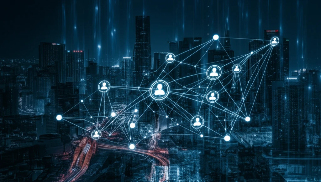 Complex network of organizations overlaid on a futuristic city blueprint, symbolizing innovation and project success.
