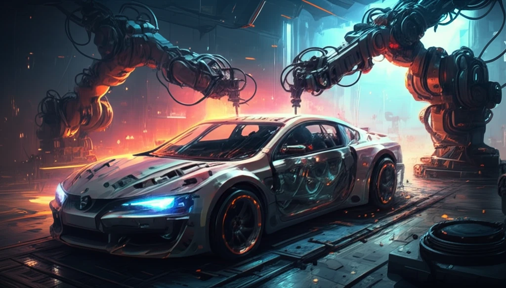 Futuristic car chassis being robotically welded.