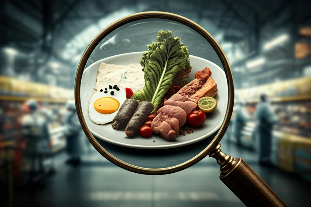 Magnifying glass inspecting fresh, clean food, symbolizing focus on food safety.