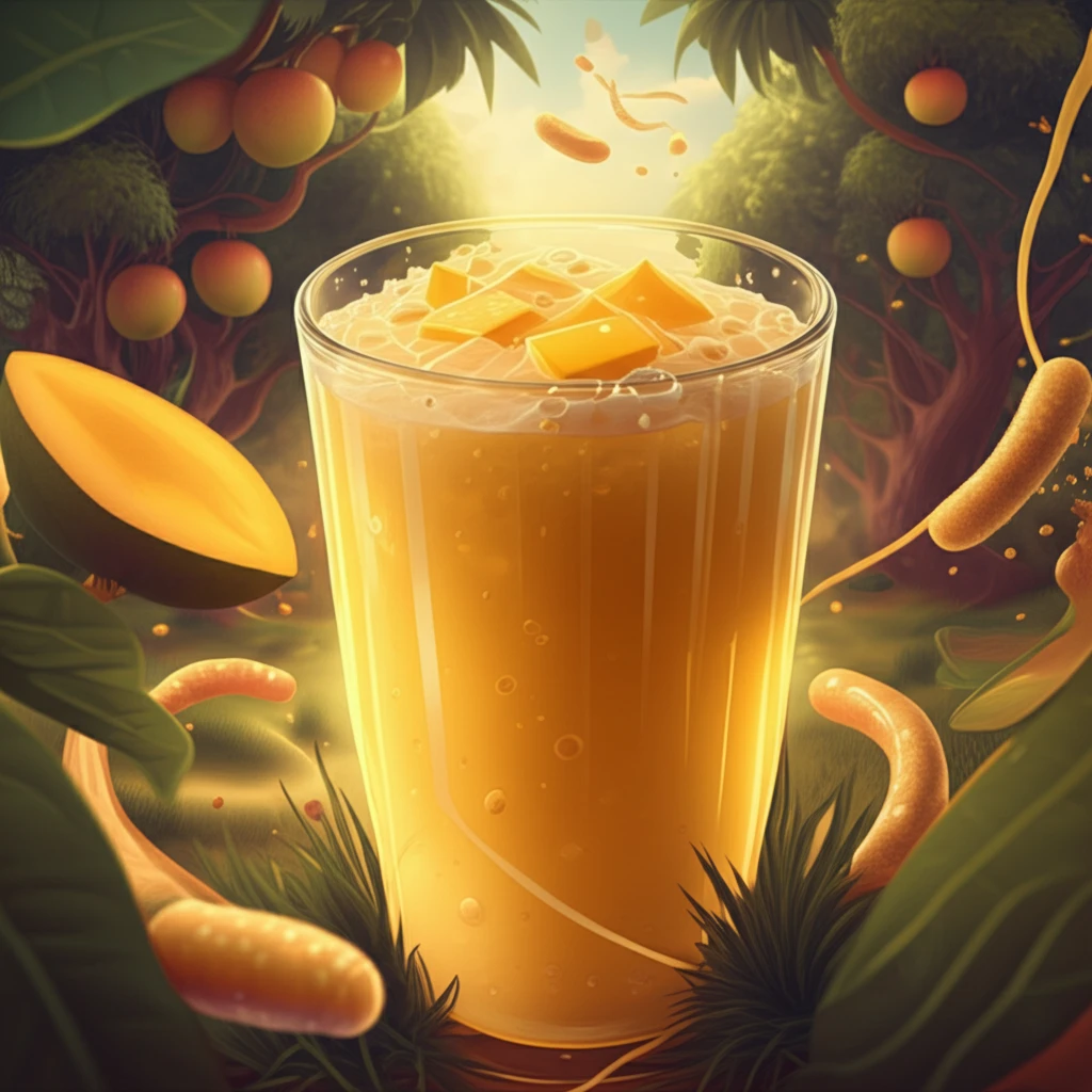 Glass of fermented whey and mango drink with mango groves and probiotic cultures in the background.