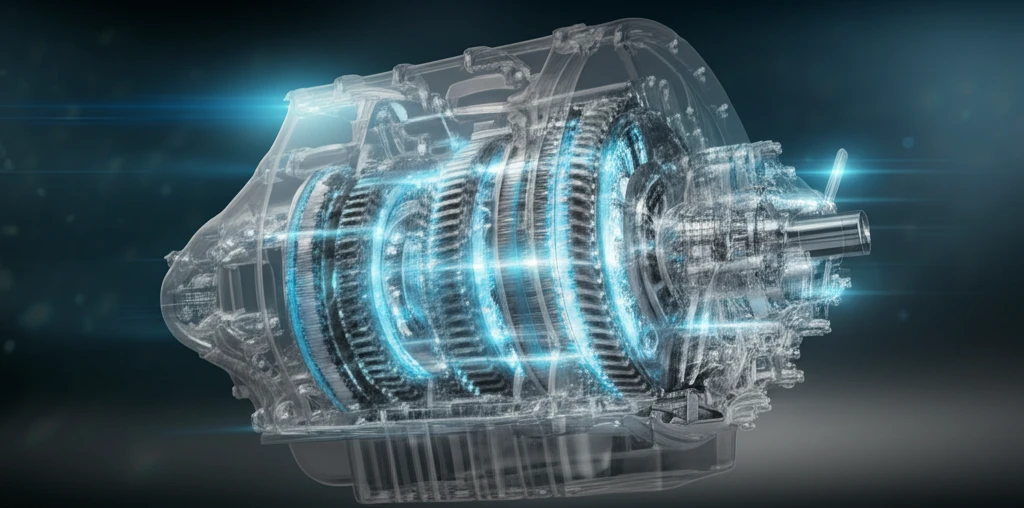 Transparent car transmission system with glowing blue cooling oil.