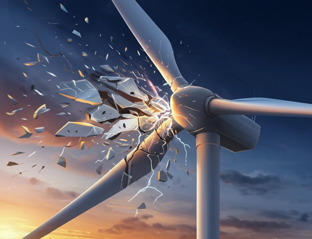 Wind turbine blade shattering impact.