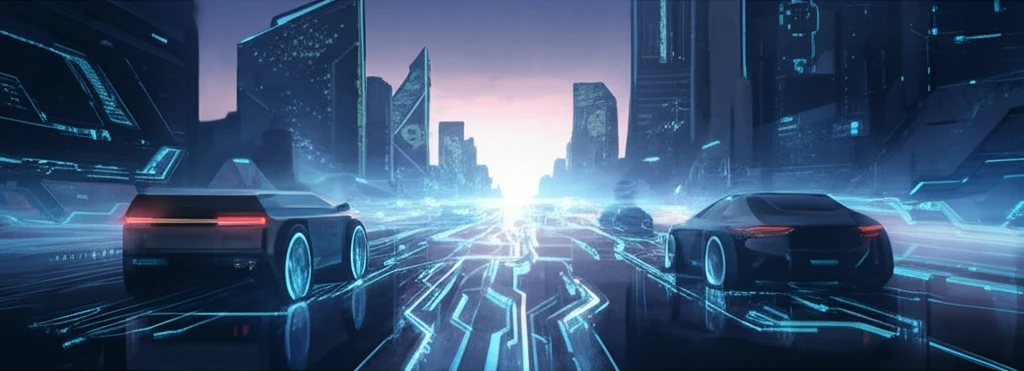 Futuristic electric vehicles on a glowing highway.