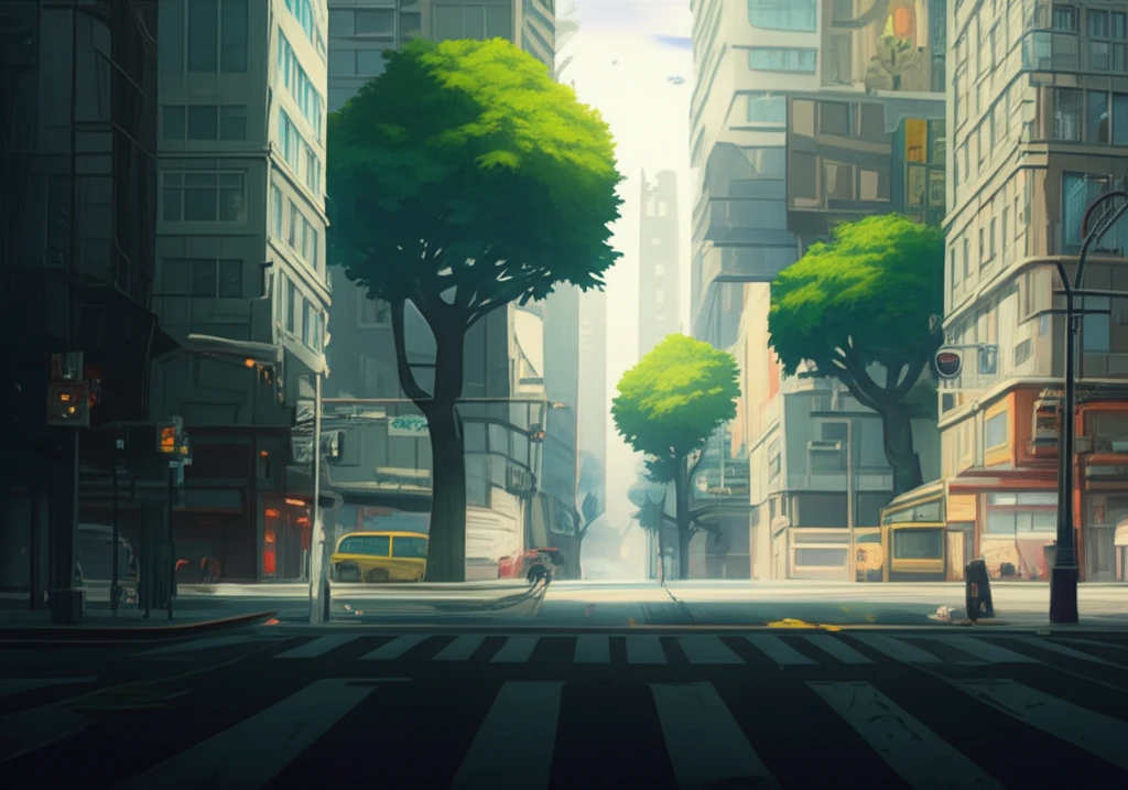 Futuristic city street with green design to combat urban heat.