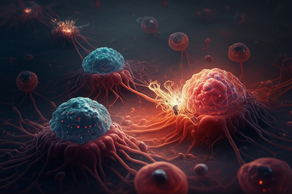 Immune cells attacking leukemia cells in a futuristic cell therapy setting
