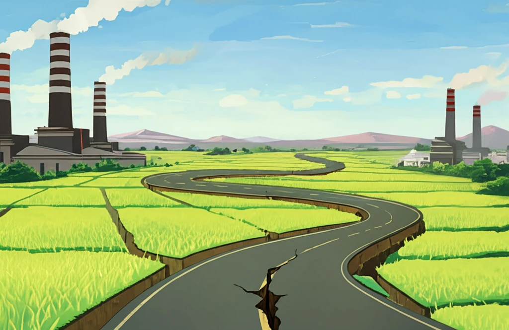 Surreal illustration of China's infrastructure boom and income inequality.
