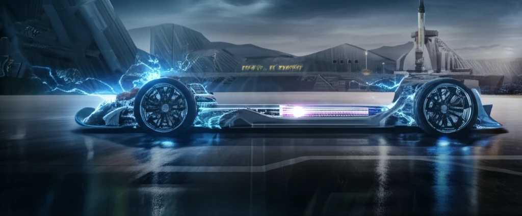 Futuristic car chassis featuring a glowing, tapered composite driveshaft.