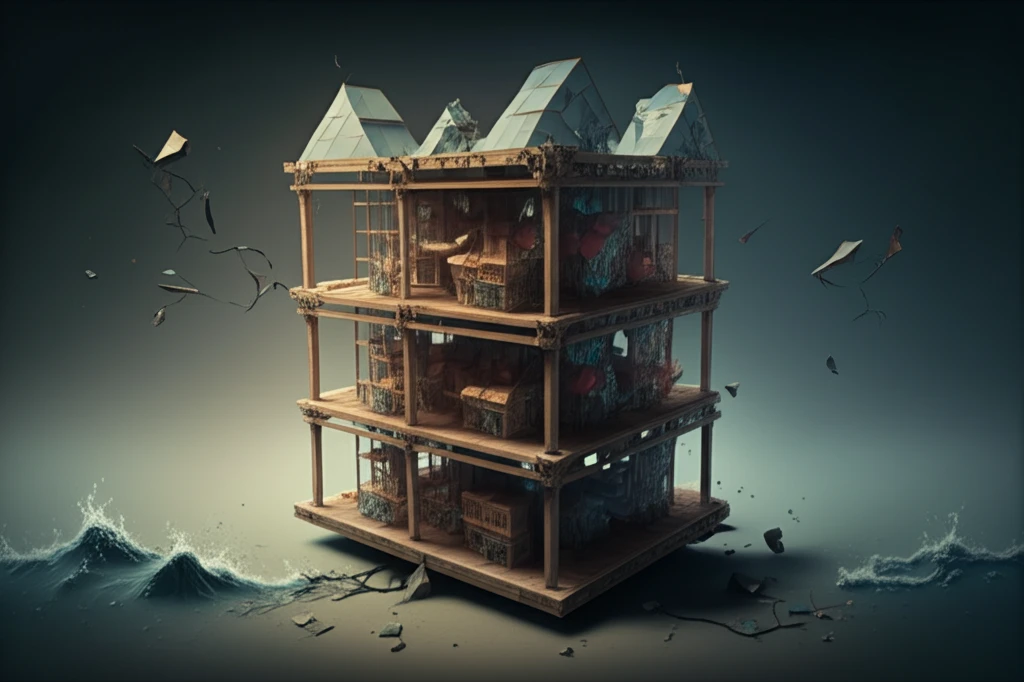 Surreal illustration of a resilient infilled frame structure during an earthquake.