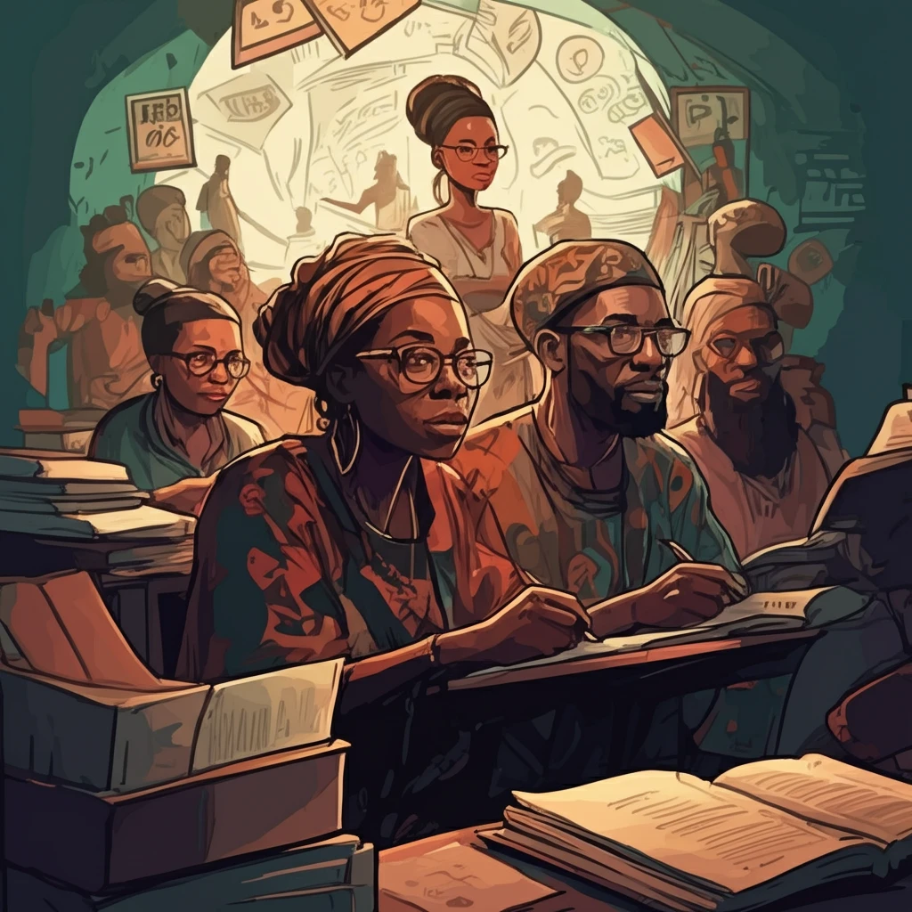 A diverse group of Nigerian adults learning together in a literacy class.