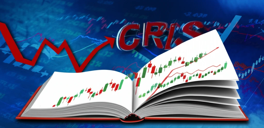 Stock market chart transforming into an accounting book, symbolizing the impact of financial crises and accounting standards on stock behavior.