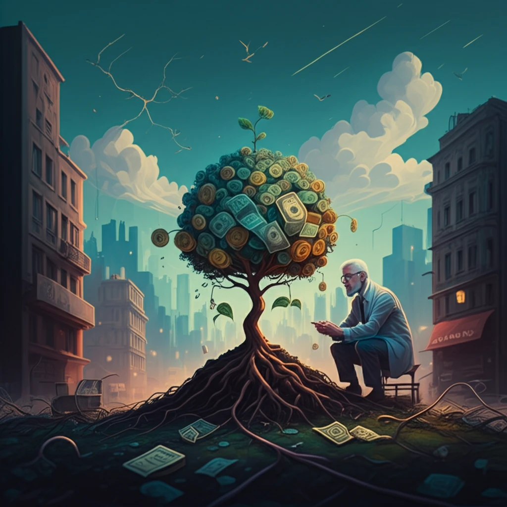 Surreal illustration depicting basic research leading to economic growth and prosperity.