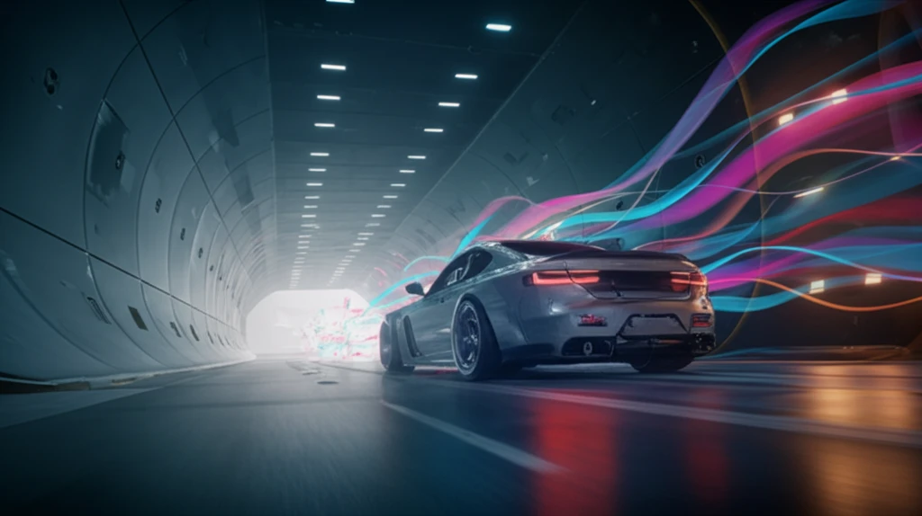 Car driving in wind tunnel with wind currents visualized