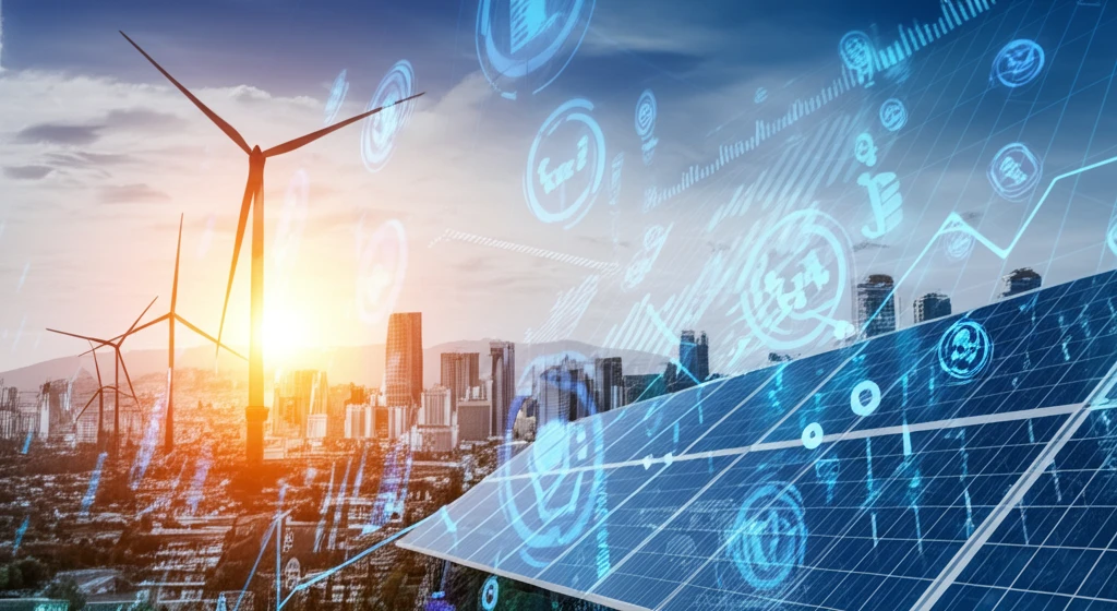 Convergence of renewable energy and urban landscapes, symbolizing the energy transition.