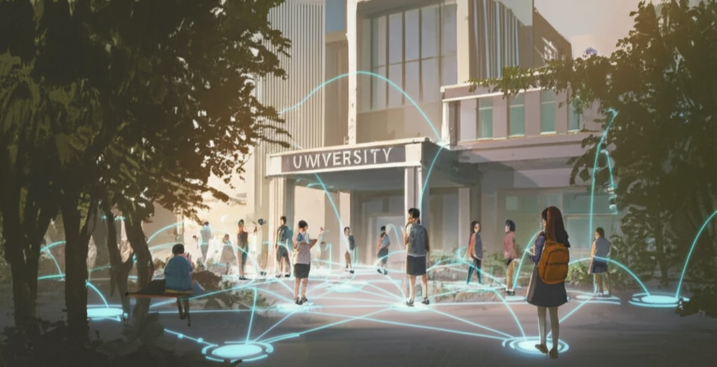 Diverse group of students connected to a supportive university building.