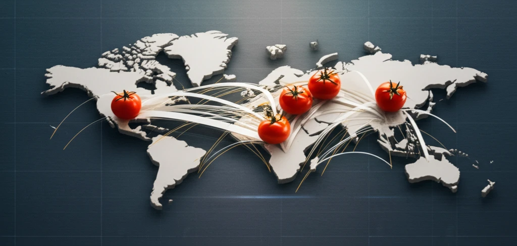 Tomatoes on a world map symbolizing trade routes between the U.S., Mexico, and Canada.
