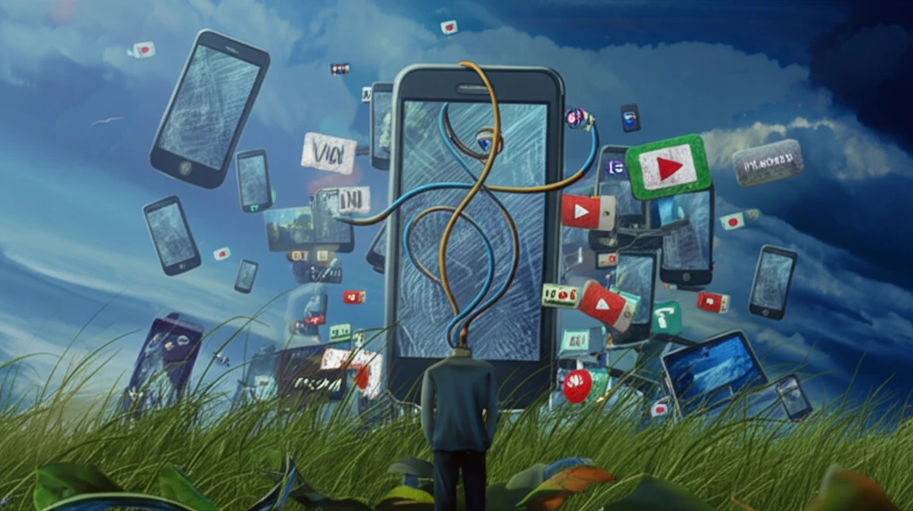Telecom customer with cable brain, surrounded by phone brand logos.