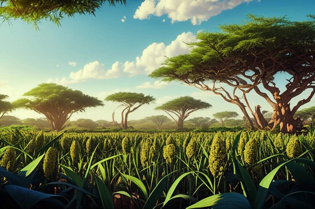 Lush sorghum field intermixed with tall Acacia Senegal trees, symbolizing symbiotic harmony and abundance in an agroforestry system.