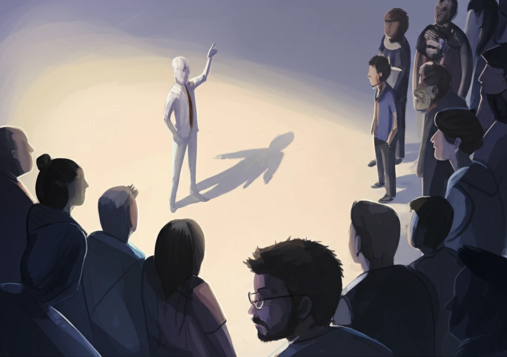 Surreal illustration of a White figure overshadowing diverse individuals, representing the White savior trope.