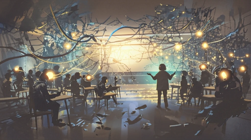 A teacher standing in a classroom, surrounded by glowing orbs of knowledge.