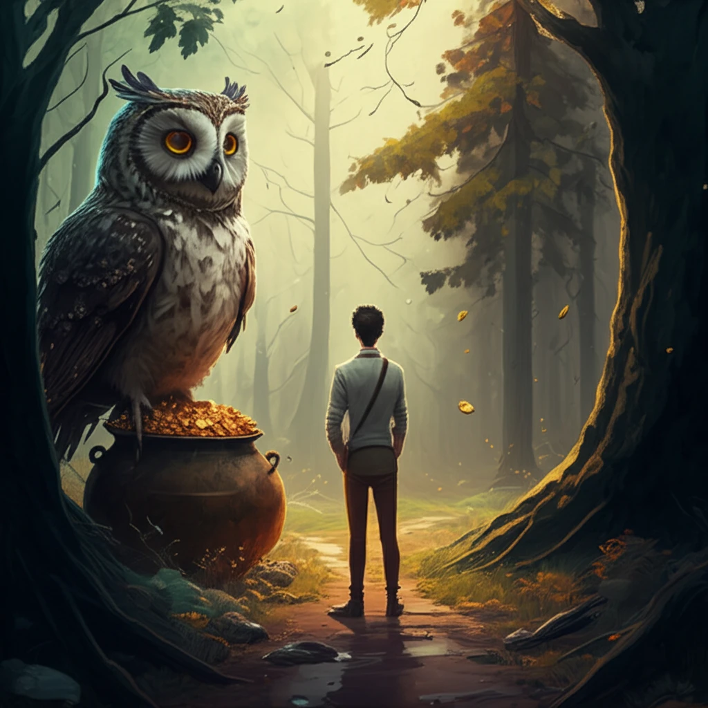 A person at a crossroads, tempted by a pot of gold but guided towards a less obvious path.