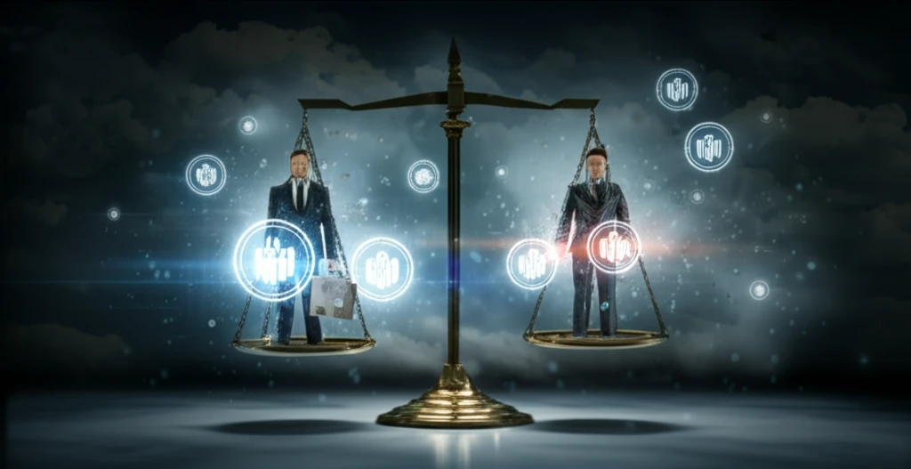 Scales of justice balancing employees and company logos, symbolizing organizational justice.