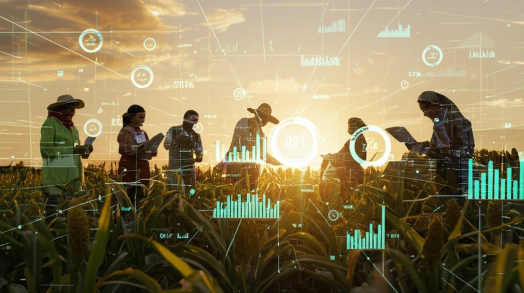 Sorghum field at sunrise with farmers, symbolizing efficient and data-driven farming improvements.