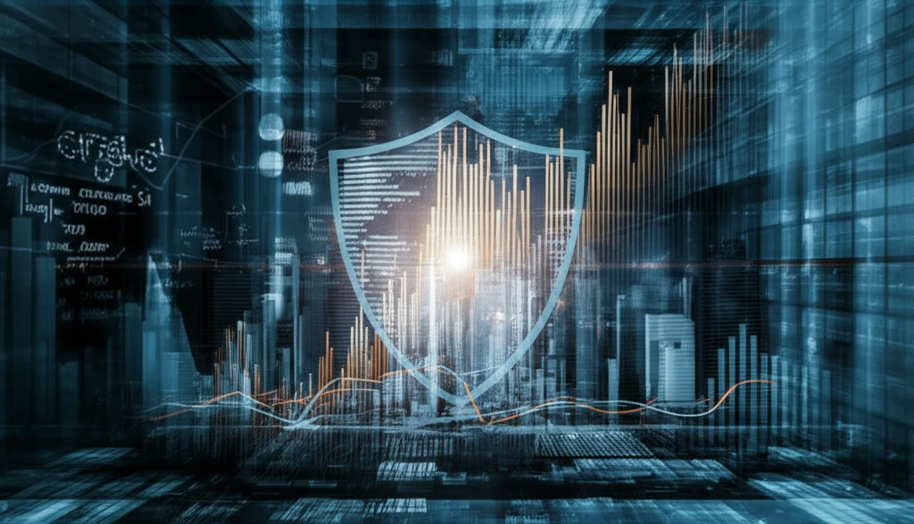Protective shield of financial charts symbolizes risk management.