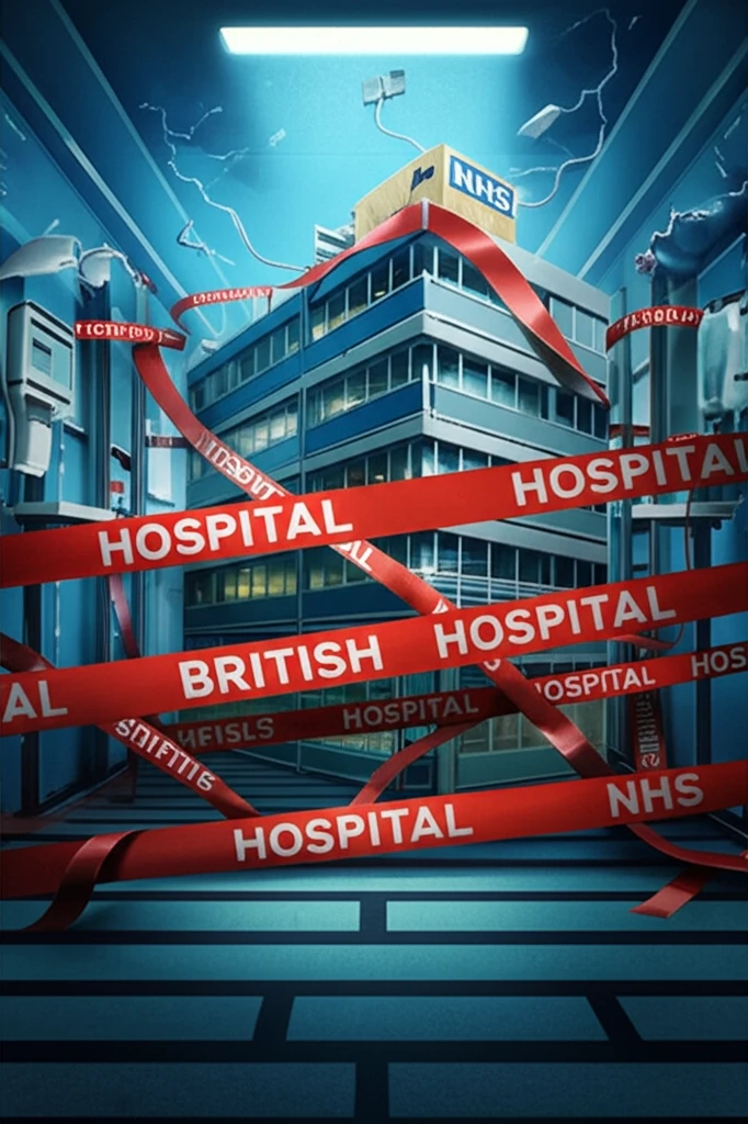 Surreal illustration of an NHS hospital entangled in red tape.