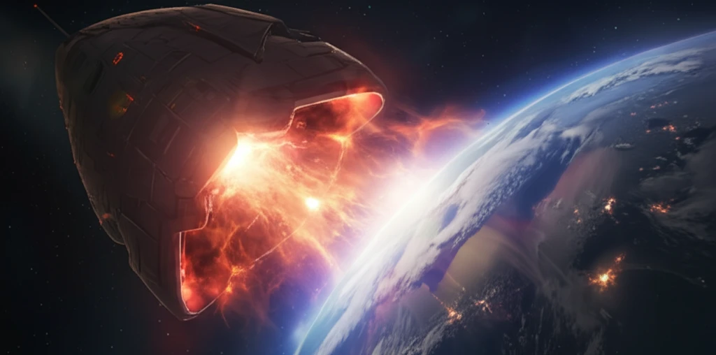 Glowing spacecraft nose cone during atmospheric entry.
