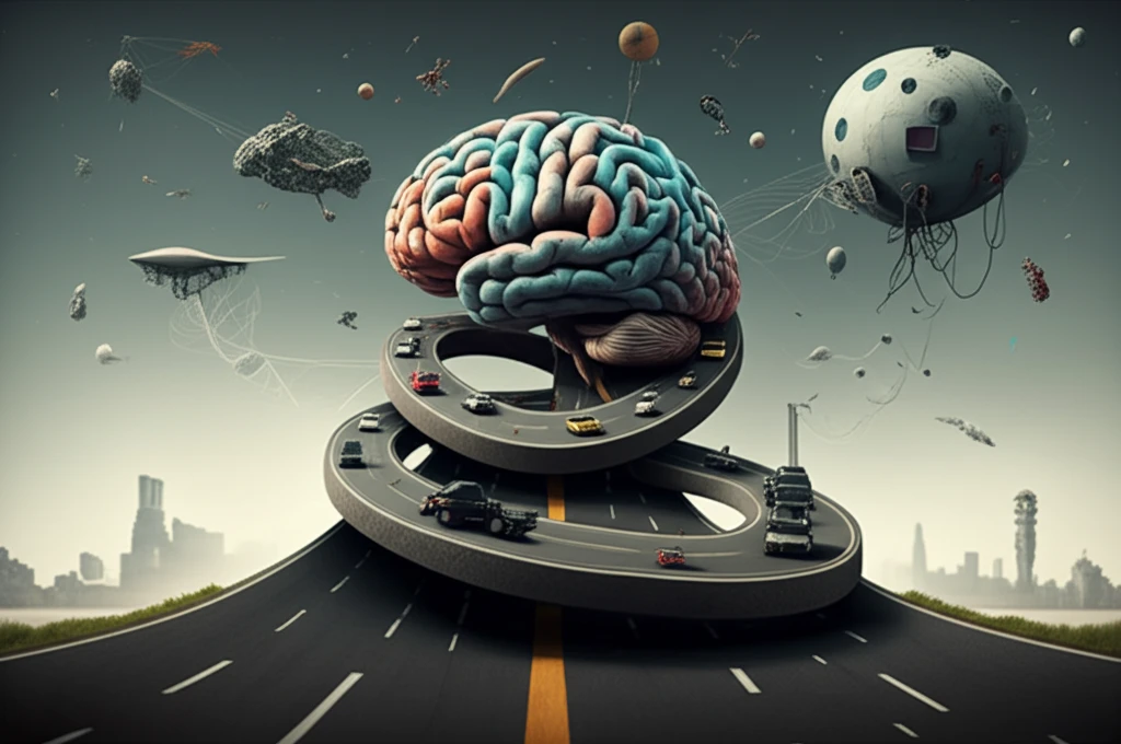 A surreal image blending a road and a brain to symbolize traffic psychology.