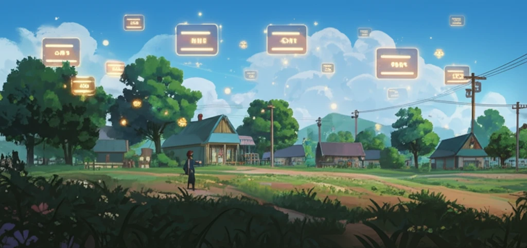Rural village scene with glowing credit icons, symbolizing awareness and prosperity.