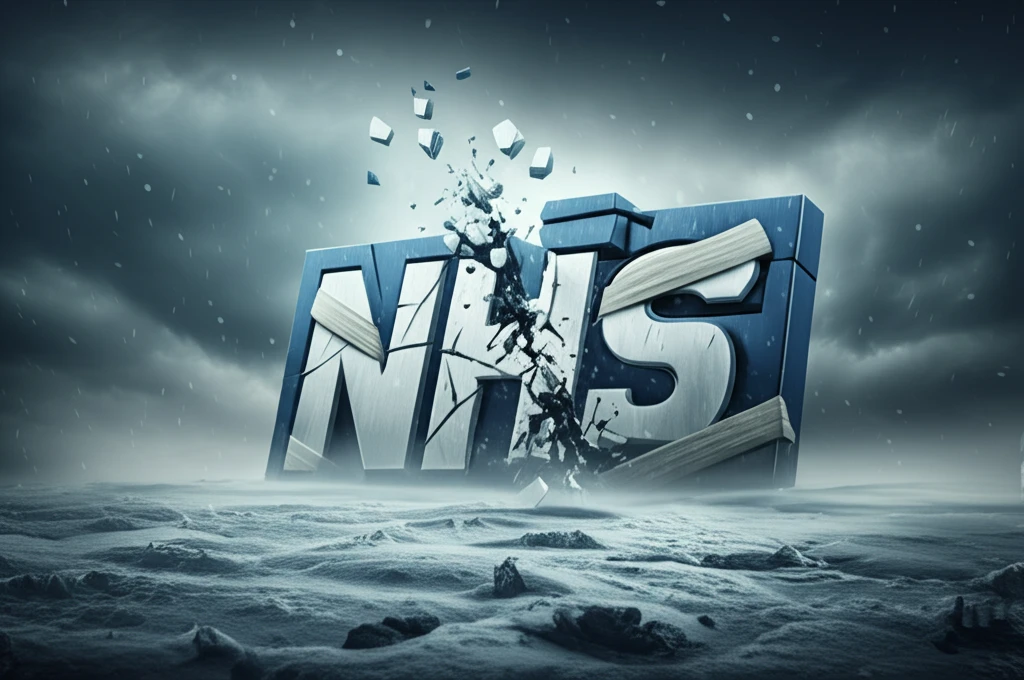 Fractured NHS symbol being repaired against a stormy winter backdrop