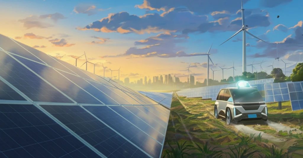 Electric car driving towards a sustainable future with solar panels and wind turbines.