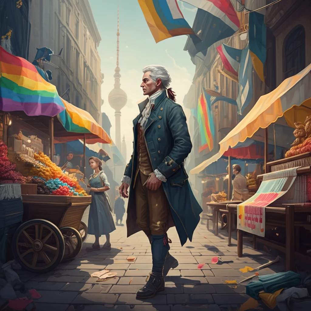 A diverse group of people from different ethnic backgrounds working together in a bustling 18th-century Berlin textile market, symbolizing economic prosperity and cultural integration.