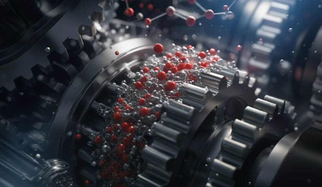 Microscopic view of gas molecules lubricating engine gears.