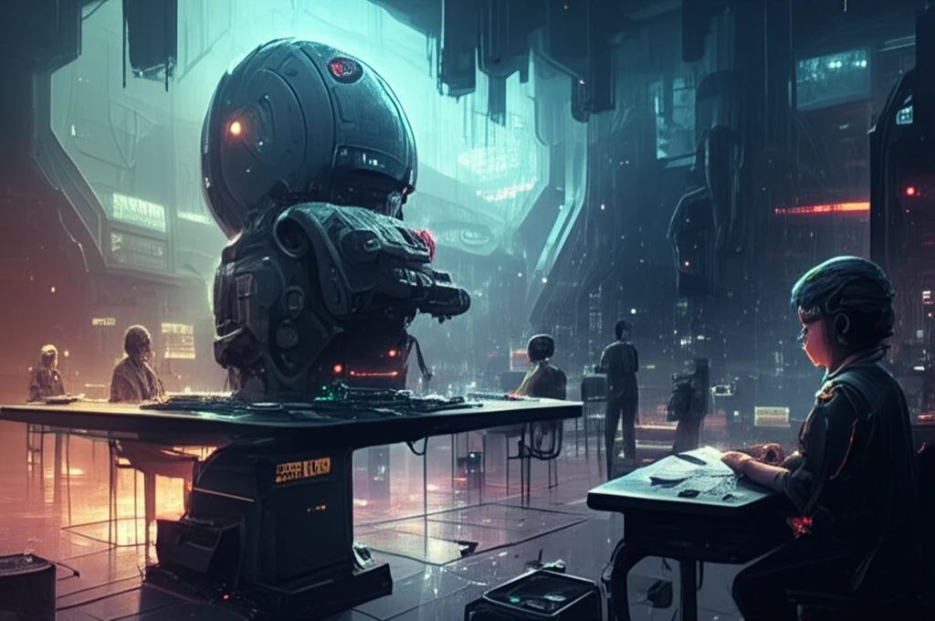 A futuristic classroom symbolizing optimization and learning, with glowing students and a teacher.