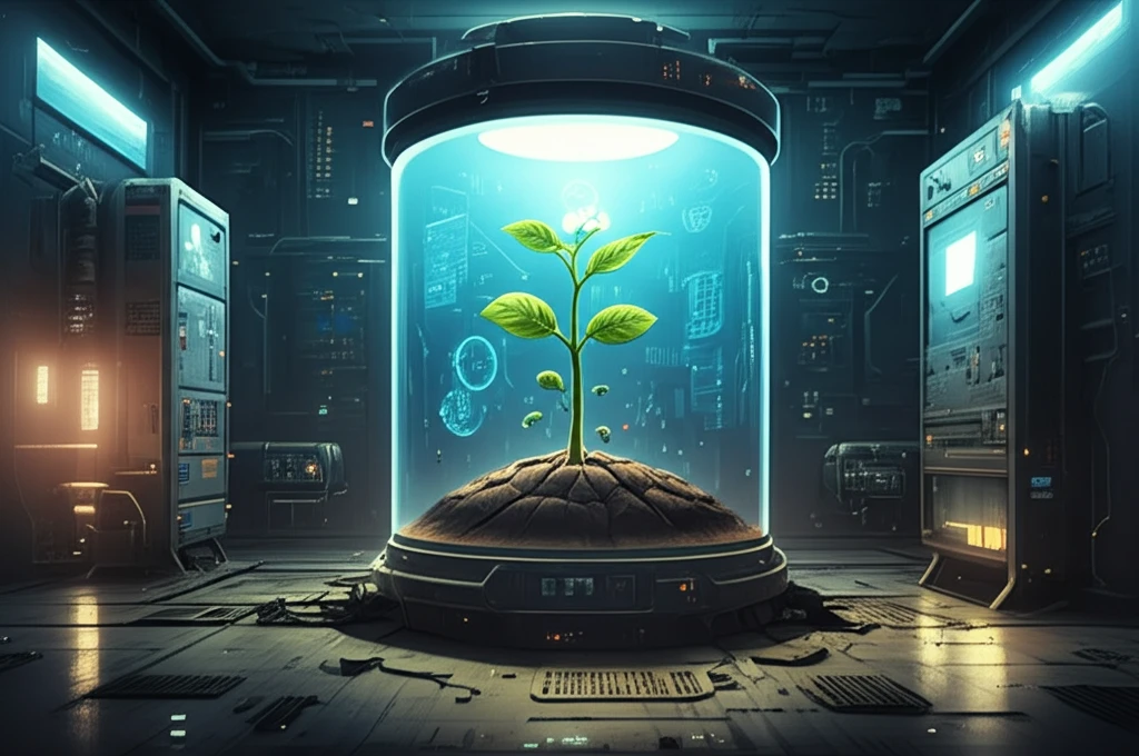 Seedling breaking through concrete in an incubator, symbolizing tech startup growth.
