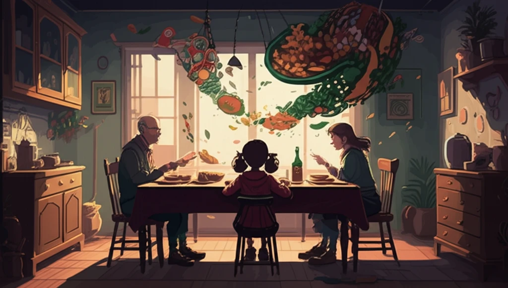 Abstract illustration of a family dinner, symbolizing the dynamics of food routines.
