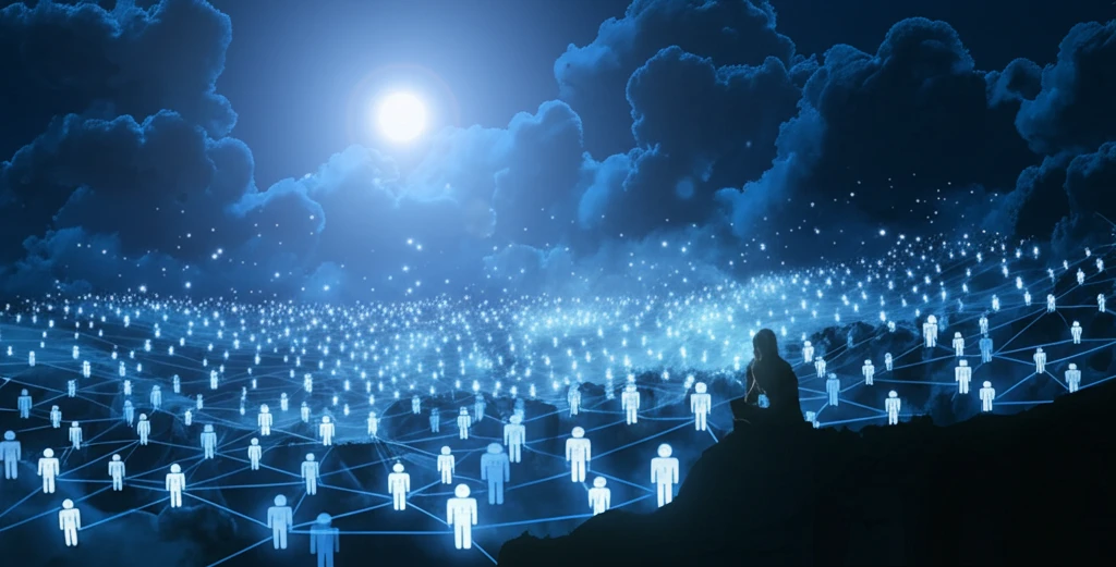 A visual representation of 'long tail' innovation, showcasing a network of interconnected individuals generating ideas.