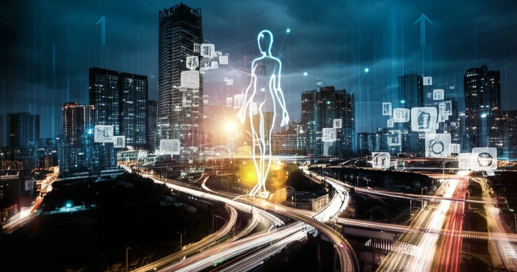 A vibrant cityscape with glowing lines representing human movement patterns, symbolizing AI-powered location prediction.
