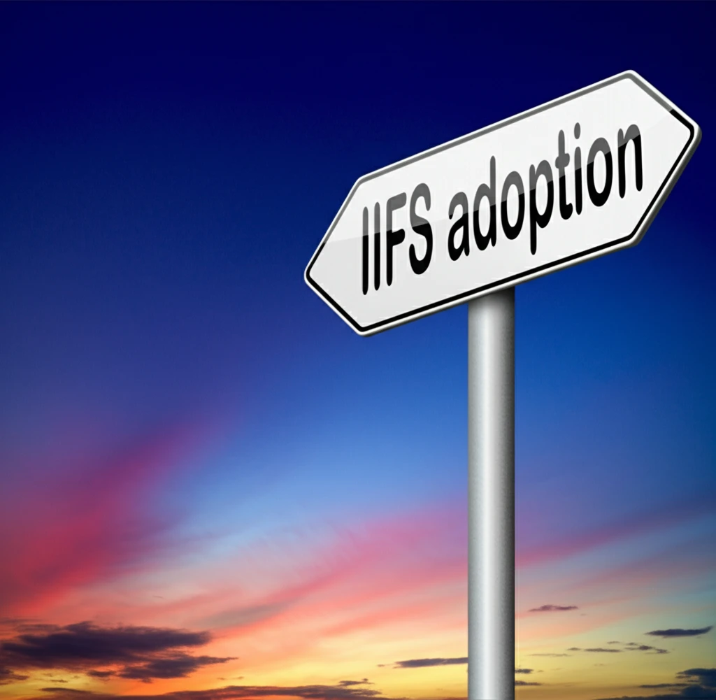 Surreal illustration of the IFRS adoption process, showing a path with challenges and opportunities on a global scale.