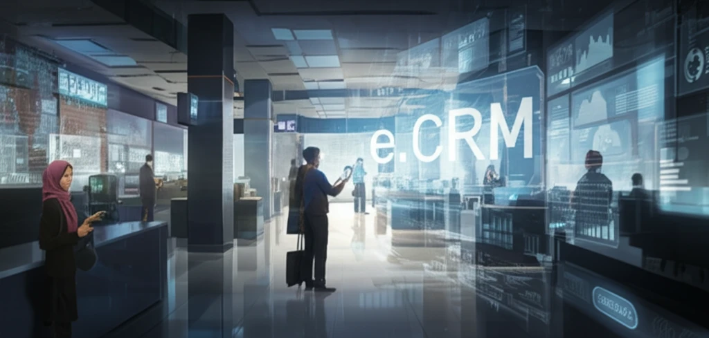 Modern Indonesian bank interior merging with digital interfaces, symbolizing e-CRM