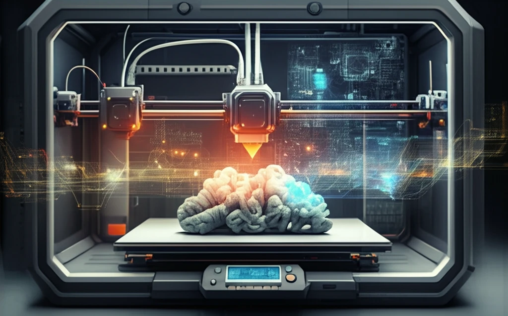 Futuristic 3D printer controlled by a cloud network.