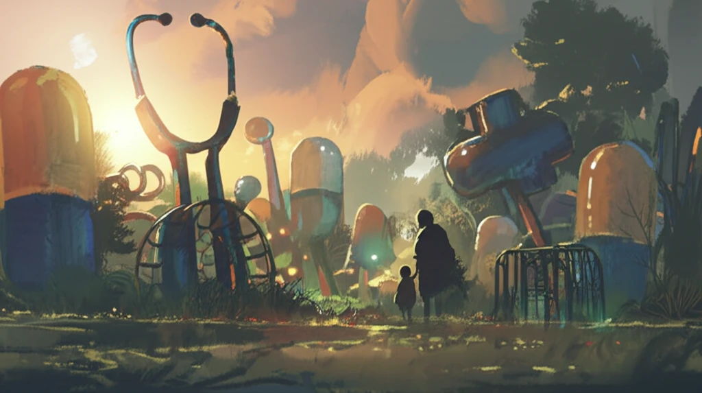 A comforting doctor silhouette overseeing a child playing in a dreamlike park filled with oversized, colorful medical tools repurposed as playground equipment.