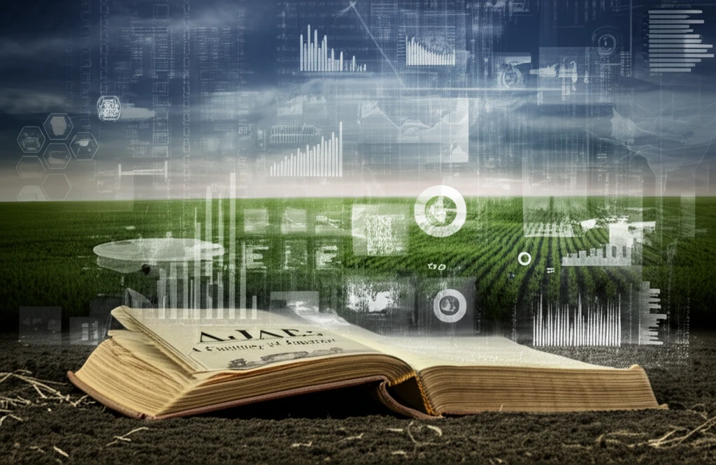 Surreal landscape merging agriculture, data, and a book representing a century of change in agricultural economics.