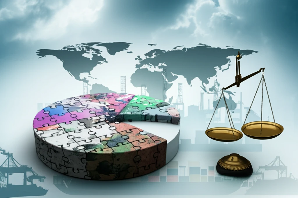 Uneven puzzle pieces form a world map, symbolizing the unequal benefits of free trade.