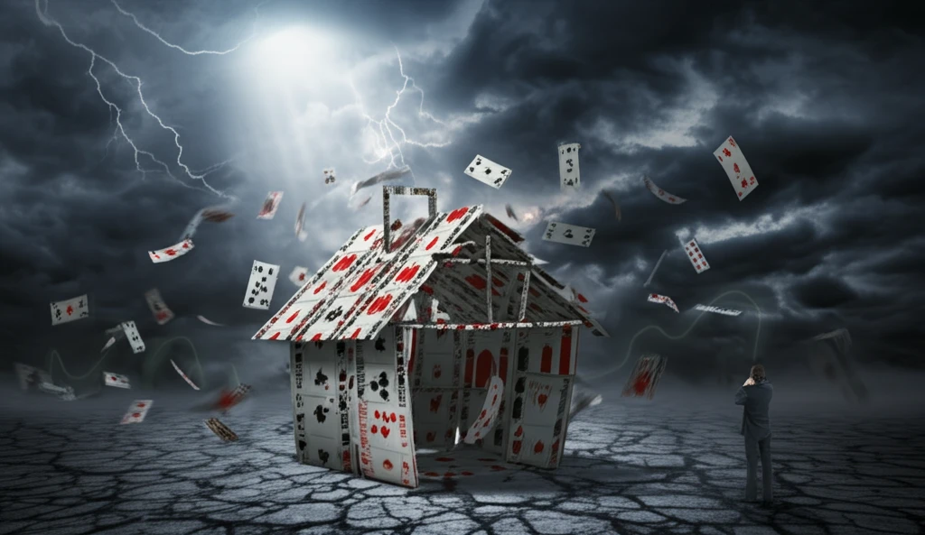 Surreal illustration of a collapsing house of cards made of financial charts, symbolizing the financial crisis.